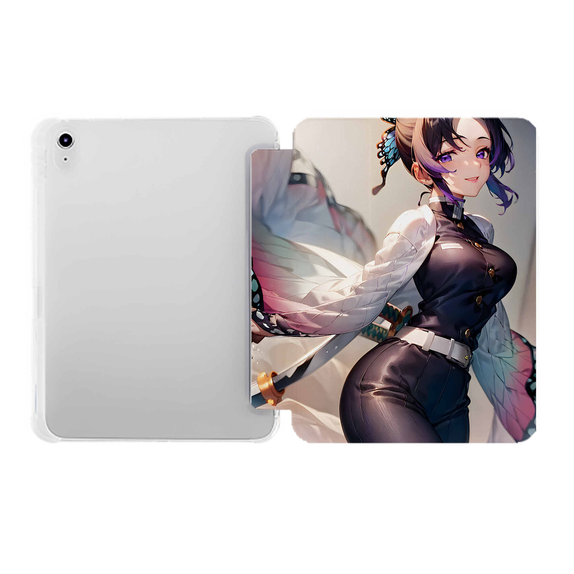 （画像用） 鬼滅の刃（きめつのやいば）蟲柱-胡蝶 しのぶ／こちょう しのぶ Kochou Shinobu IPad ケース ペン収納付き 三つ折りスタンド PUレザー×シリコン 対応機種9.5/10.5/10.9インチ